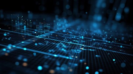Dynamic digital network pulses with vibrant blue data streams and glowing connections, representing futuristic technology and global information flow in a modern abstract landscape. - Powered by Adobe