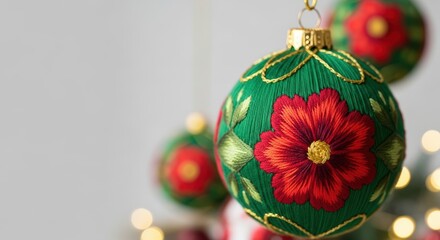 Colorful decorative Christmas ornament featuring intricate floral patterns, hanging against a blurred background of warm lights, embodying the festive spirit of winter celebrations