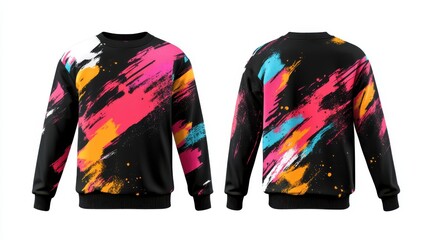 Front and back view, 3D long-sleeve jersey in jet black with colorful spray-paint-effect brush strokes, isolated on a white background