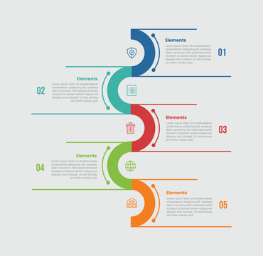 5 elements infographic comparison diagram with half circle zig zag movement vertical opposite direction with 5 step for slide presentation