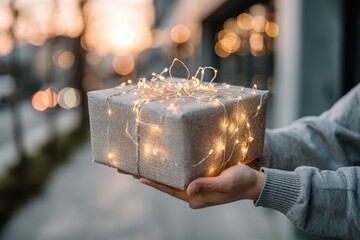A serene evening setting, soft glowing lights illuminating a courier handing over a beautifully wrapped gift, evoking a sense of warmth and celebration