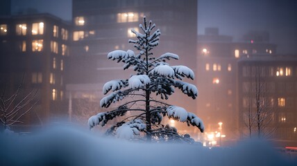 Snow-covered evergreen tree stands majestically in a winter urban landscape, surrounded by softly glowing buildings, capturing the serene beauty of a snowy evening atmosphere