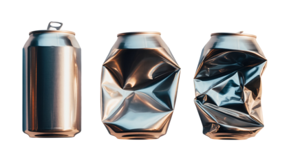 Aluminum cans: whole, partially crushed, and completely crumpled isolated on transparent background