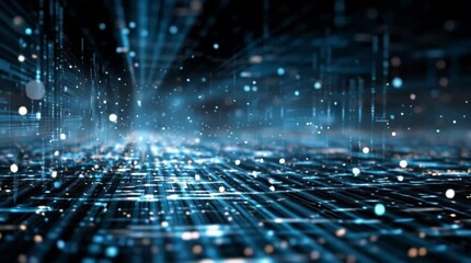 Dynamic blue data streams flow through abstract digital cityscape with glowing particles, representing futuristic technology and network connectivity. - Powered by Adobe