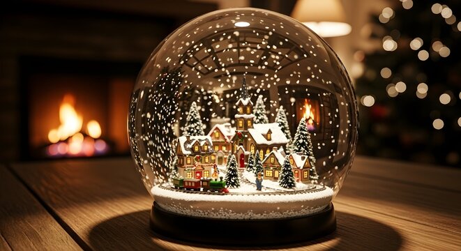 A snow globe with a miniature village scene sits on a wooden surface, with a fireplace and Christmas tree in the background.