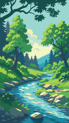 Forest stream with lush trees and sunlight