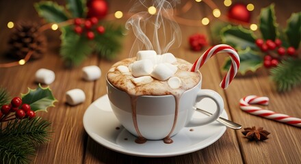A steaming cup of hot chocolate with marshmallows and a candy cane, decorated for the holiday season.