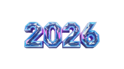 Year twenty twenty six displayed with glittering, faceted three dimensional numbering against a dark backdrop