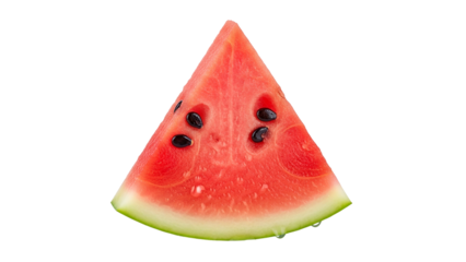 Single wedge of ripe fruit displaying red flesh and dark seeds against a solid black background