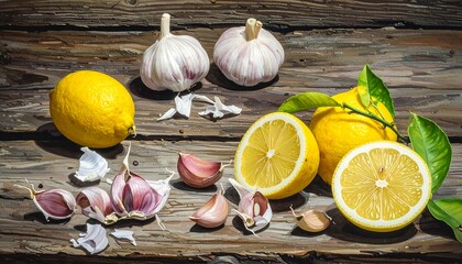 Fresh Lemons and Garlic on a Rustic Wooden Surface.
