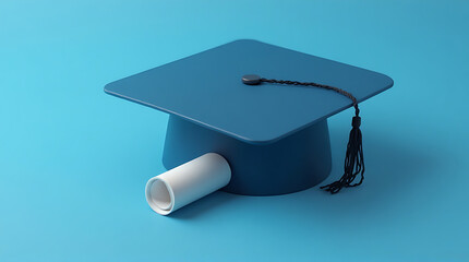Graduation cap and diploma on a blue background symbolizing academic achievement and education