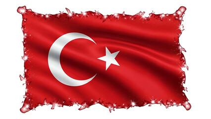 National banner featuring a crescent moon and star symbol waving against a dark background with sparkling edges