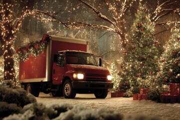 A festive scene with a cargo truck adorned with holiday decorations, soft twinkling lights, and a snowy landscape, conveying warmth and joy