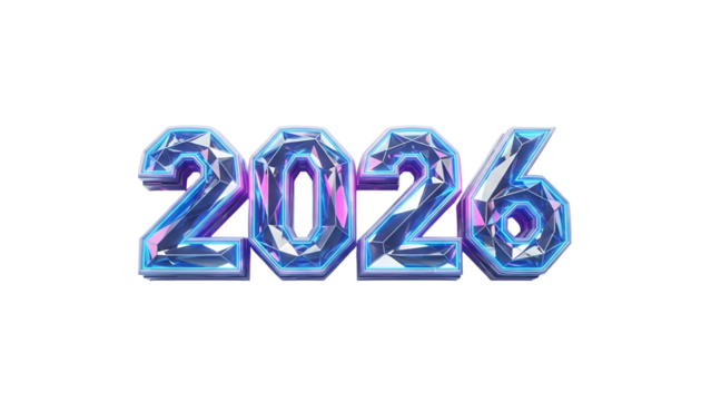 Year twenty twenty six displayed with glittering, faceted three dimensional numbering against a dark backdrop