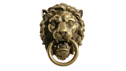 Ornate metallic lion head door knocker features a prominent ring against a dark background.