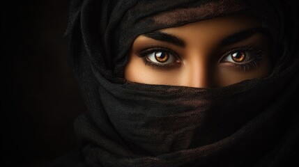 Fototapeta premium Closeup woman eyes dark fabric