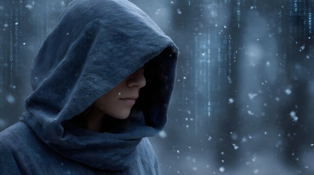 A cloaked figure in a digital winter storm with falling snow and binary code - Powered by Adobe