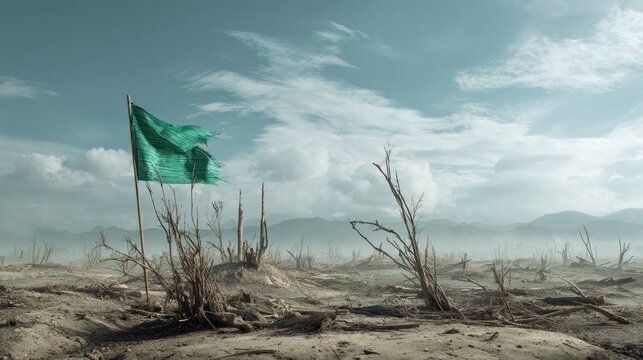 Desolate landscape with green flag