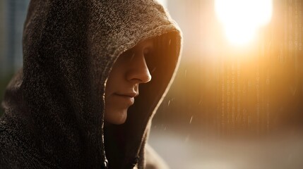 Mysterious hooded figure in profile bathed in morning sunlight with digital code and rain overlay