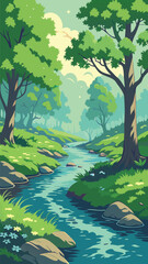 Forest stream with sunlight and lush green trees