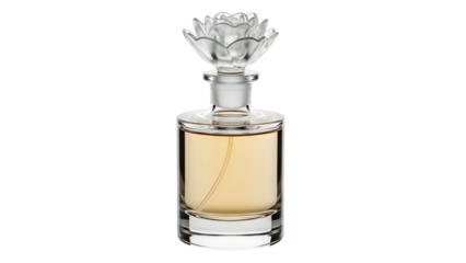 Elegant glass perfume bottle featuring a floral stopper rests against a solid black background
