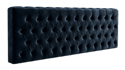 Deep indigo tufted velvet upholstery panel displays rich texture against a solid dark background