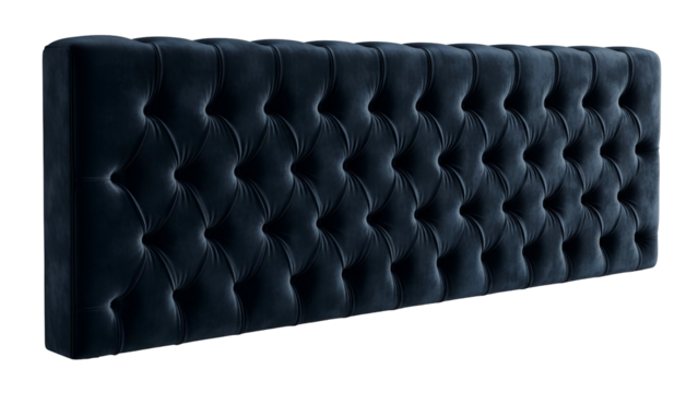 Deep indigo tufted velvet upholstery panel displays rich texture against a solid dark background