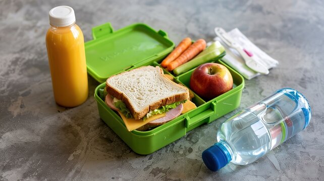 Healthy Lunchbox with Sandwich, Carrots, Apple, Juice, and Water Bottle - Powered by Adobe