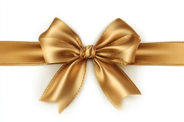 Elegant golden satin ribbon tied into a beautiful bow on a clean white background for celebration and gifting