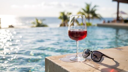 Wine glass and sunglasses on poolside with sunlight and ocean view.