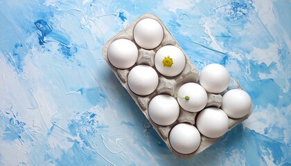 Fresh white eggs in a carton on a blue surface.