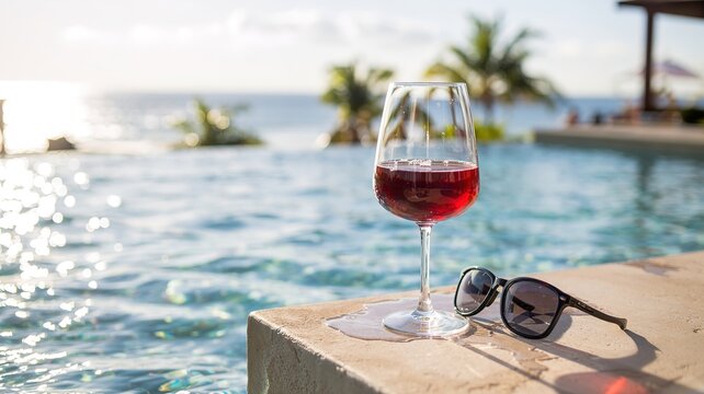 Wine glass and sunglasses on poolside with sunlight and ocean view.
