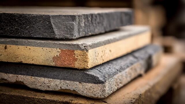 Medium shot of building materials treated with flameretardant resin emphasizing enhanced durability and lowered flammability for construction safety.