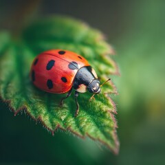 Fototapeta premium Ladybug on Green Leaf: Macro Photography of Insect