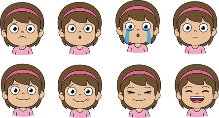 Cartoon girl emotion set, facial expressions vector, character moods illustration, emotional literacy, kids feelings chart, psychology concept, storytelling design