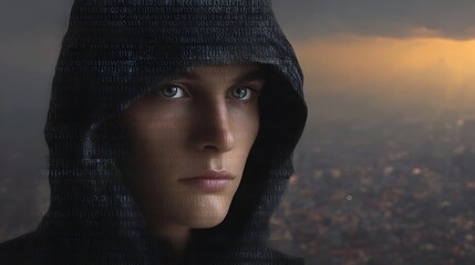 A hooded figure with a binary code overlay gazes out over a blurred city skyline at dawn embodying digital mystery and technology