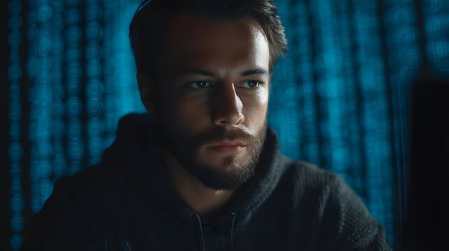 A man with a serious expression gazes intensely in a dark room with a glowing blue digital background