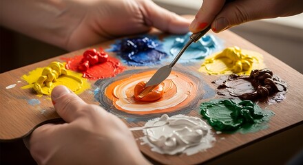 Artist mixing vibrant oil paints on a wooden palette with a palette knife for painting creation