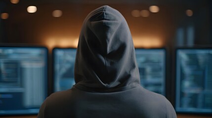 A mysterious hooded figure viewed from behind intensely focused on programming and analyzing data displayed on multiple glowing computer screens in a