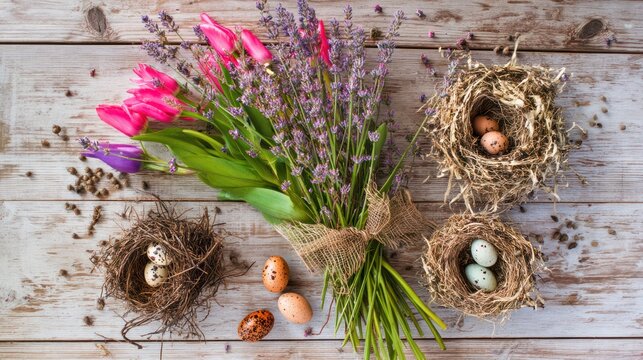 Easter still life with eggs nests tulips lavender on a wooden table top