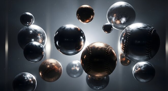 Baseball spheres floating in space a futuristic sports concept with metallic and bronze textures design