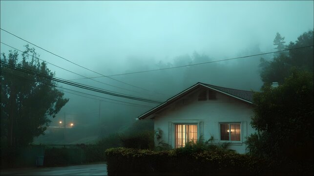 A suburban house shrouded in thick fog with warm lights glowing from its at dusk - Powered by Adobe