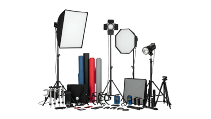 Comprehensive collection of professional illumination and support equipment displayed on a dark background