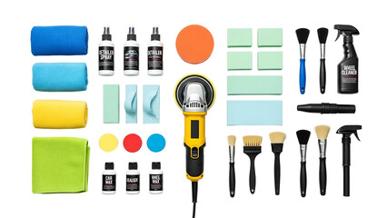 Professional assortment of automotive detailing and polishing implements laid out on a black background