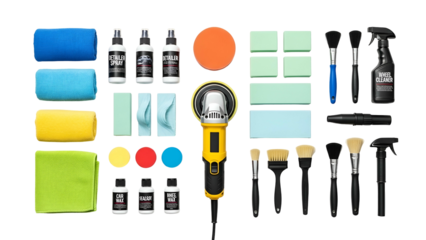 Professional assortment of automotive detailing and polishing implements laid out on a black background