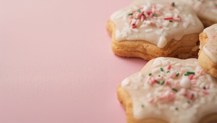 Christmas holiday dessert cookies with icing on pink background  