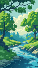 Forest stream landscape with lush green trees and sky