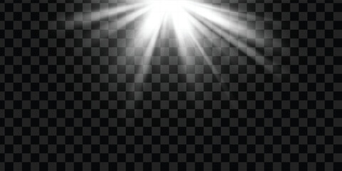 The sunbeam or light source, rays from above, isolated on transparent background, vector design