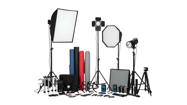 Comprehensive collection of professional illumination and support equipment displayed on a dark background