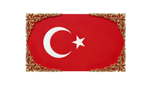 Nation's banner featuring prominent celestial symbols encircled by opulent golden scrollwork against a dark backdrop - Powered by Adobe